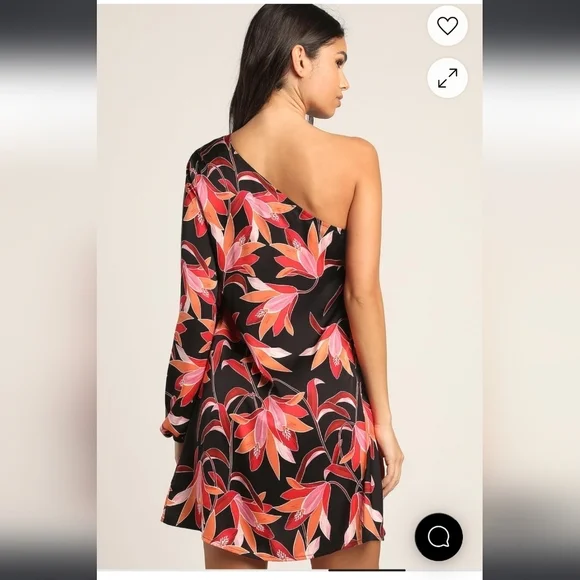 NWT Lulus Bahamas Beauty Black Tropical Print Satin One-Shoulder Dress Medium - Picture 4 of 9